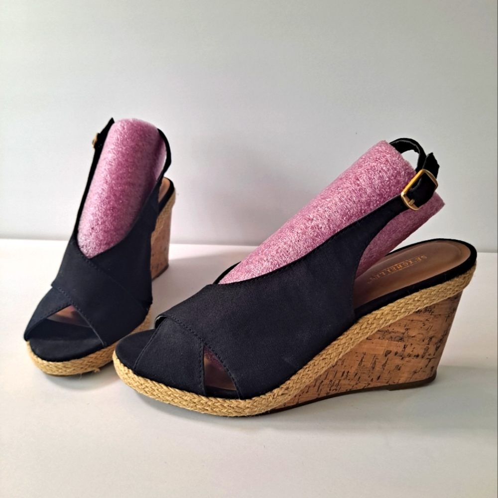 Seychelles Women's Black Espadrille Wedge Open-Toe. Size 9.5.